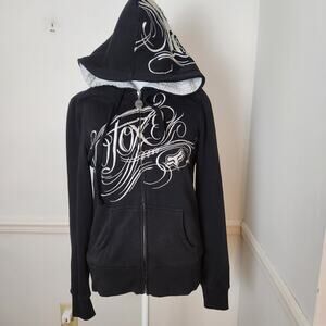 Y2K Fox Racing Zip Up Hoodie Jacket Sz XS Small Womens Black Embroidered Sherpa